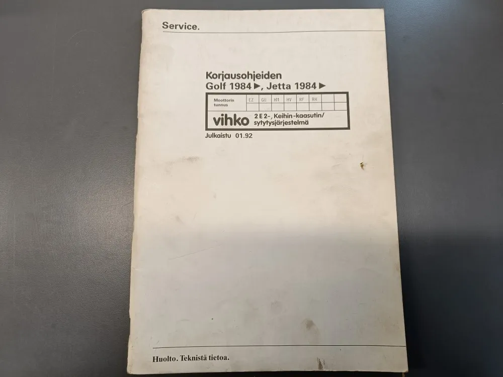 Korjausohjeiden Golf 1984 ja Jetta 1984 / Huolto ja teknistä tietoa